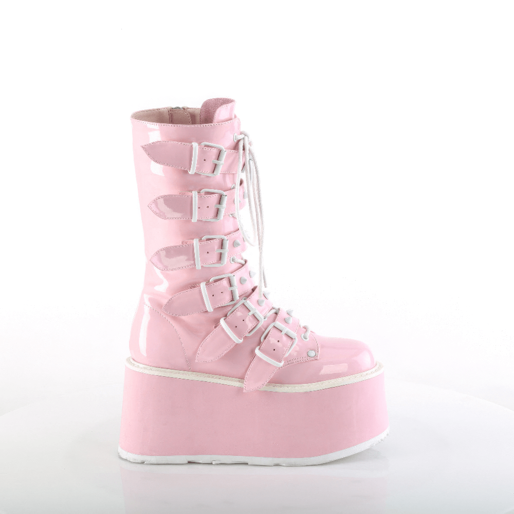 Demonia pink hologram mid-calf platform boots with buckle straps and lace-up design.