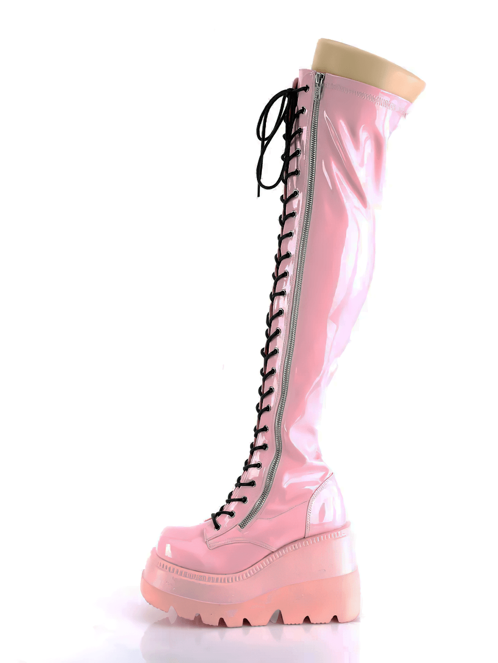 DEMONIA Pink Hologram Lace-Up Thigh High Platform Boots