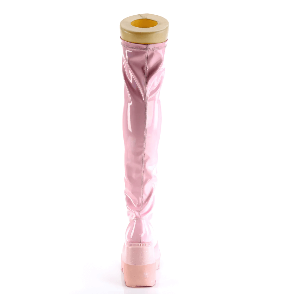 DEMONIA Pink Hologram Lace-Up Thigh High Platform Boots