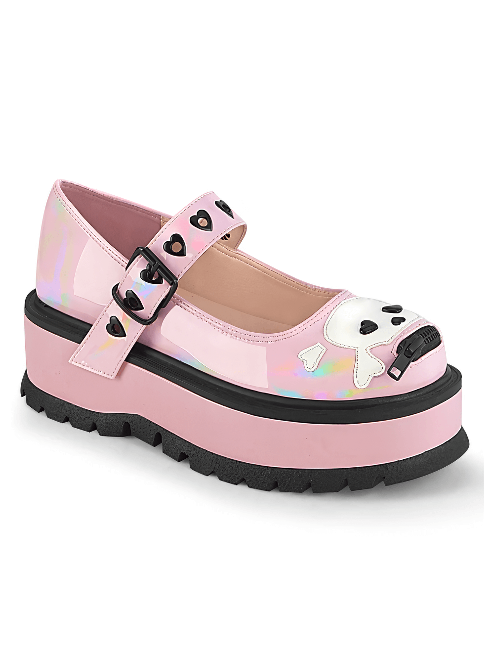 Edgy pink hologram Mary Jane shoes with skull accent and heart eyelet buckle strap on a 2" platform.