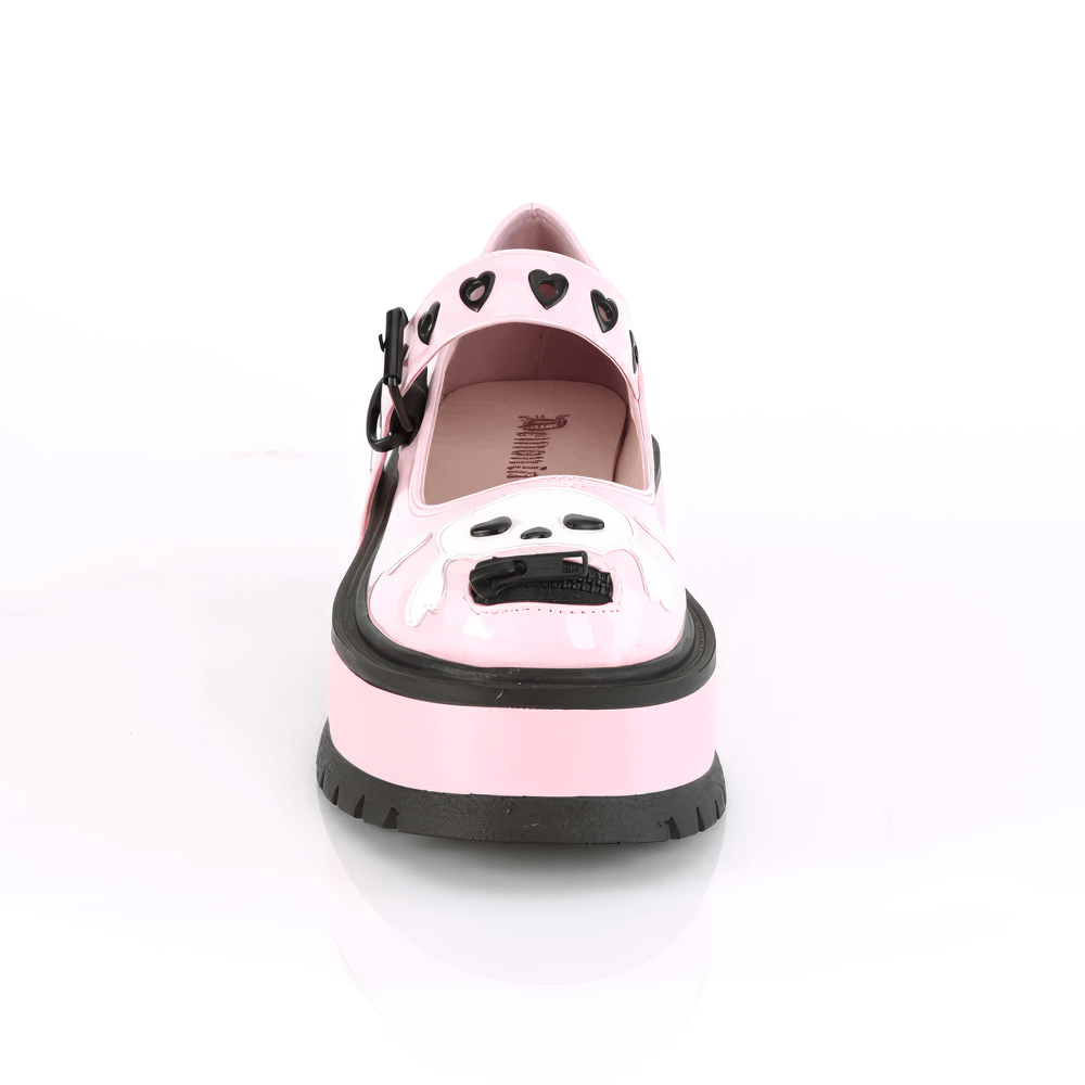 Edgy pink Mary Jane shoes with heart studs and skull details, featuring a fun buckle strap and 2-inch platform.