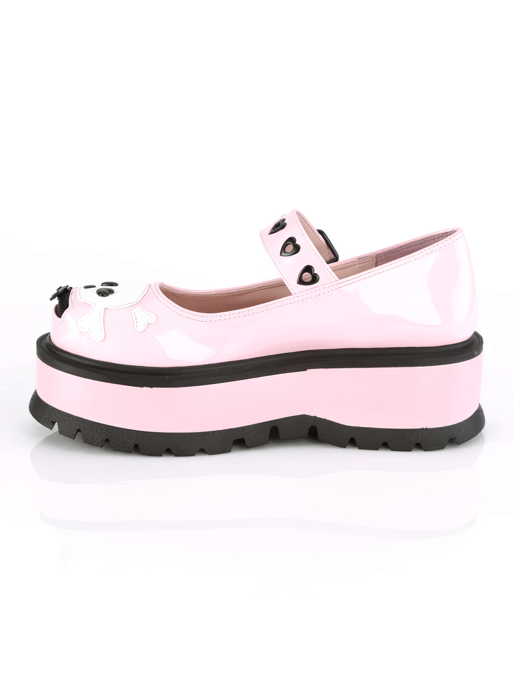 DARING Pink Hologram Mary Jane Shoes with Skull Accent and Heart Buckle Strap, 2" Platform