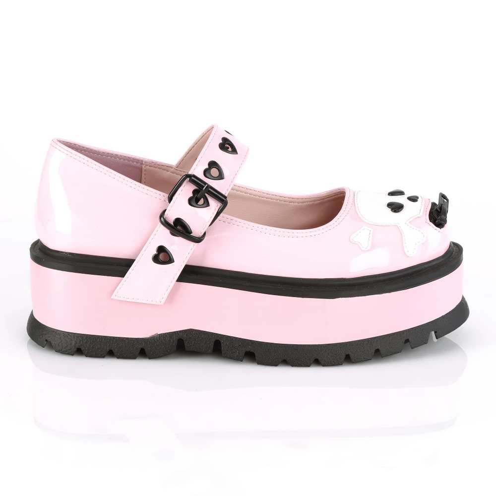 Edgy pink hologram Mary Jane shoes with heart eyelet buckle and skull detail, featuring a 2-inch platform for style.
