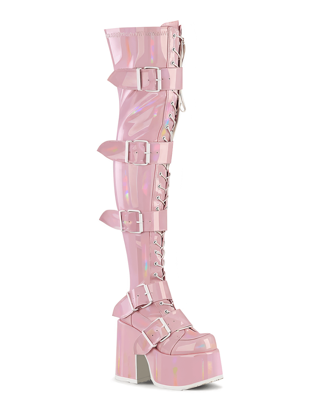 DEMONIA Pink Hologram Stretch Thigh-High Platform Boots