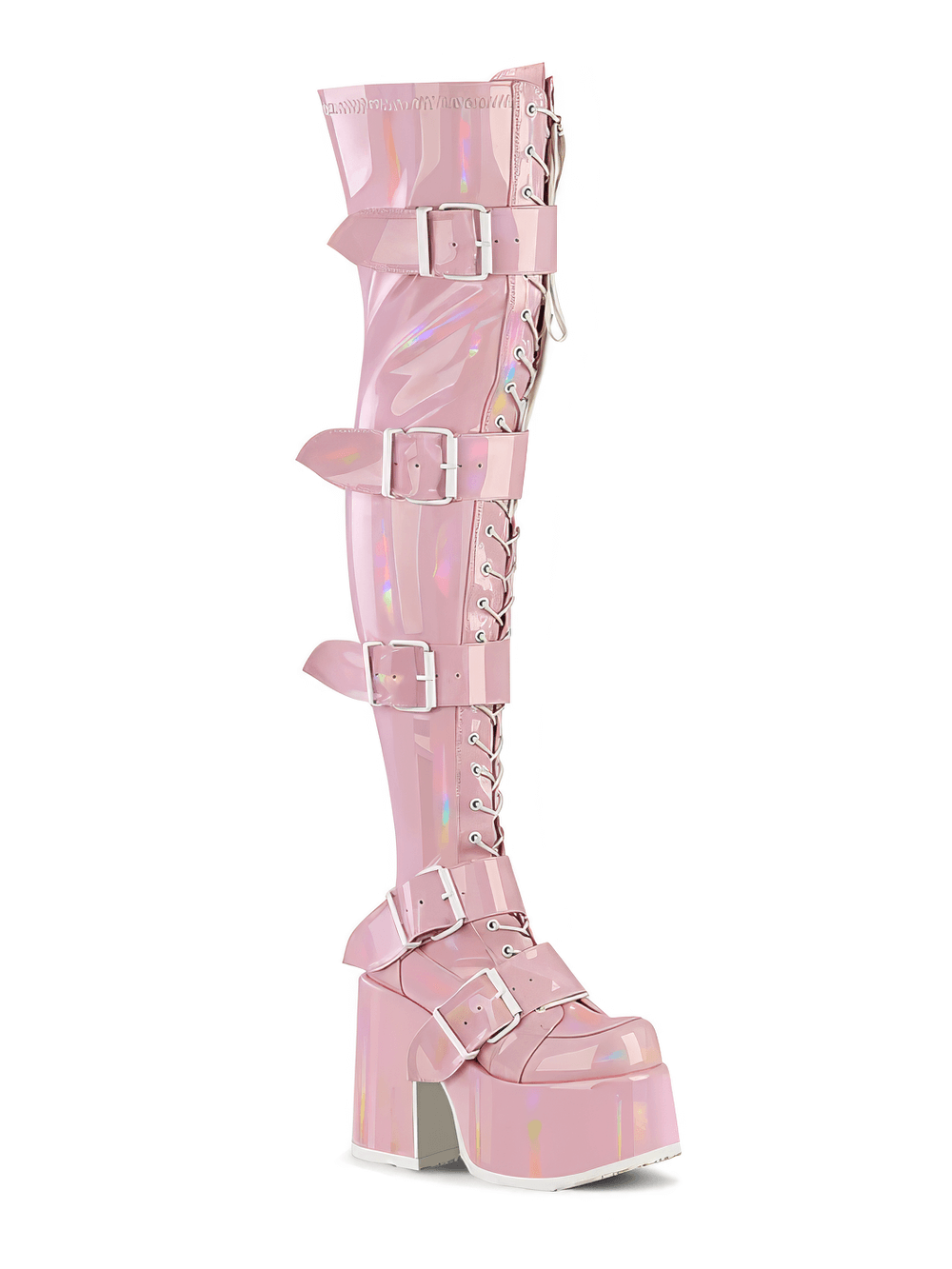 Dazzling pink hologram thigh-high platform boots with lace-up and buckle details.