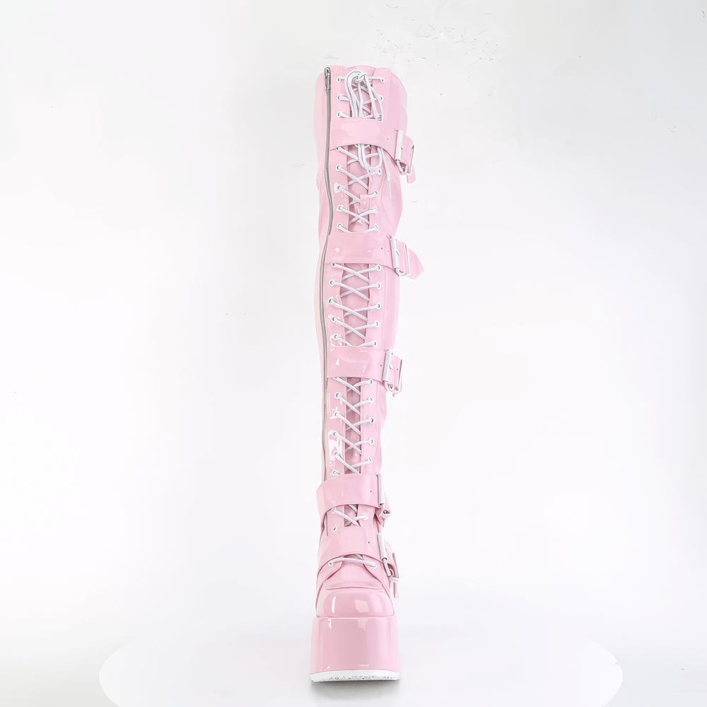 Dazzling pink hologram stretch thigh-high platform boots with lace-up and buckle straps.