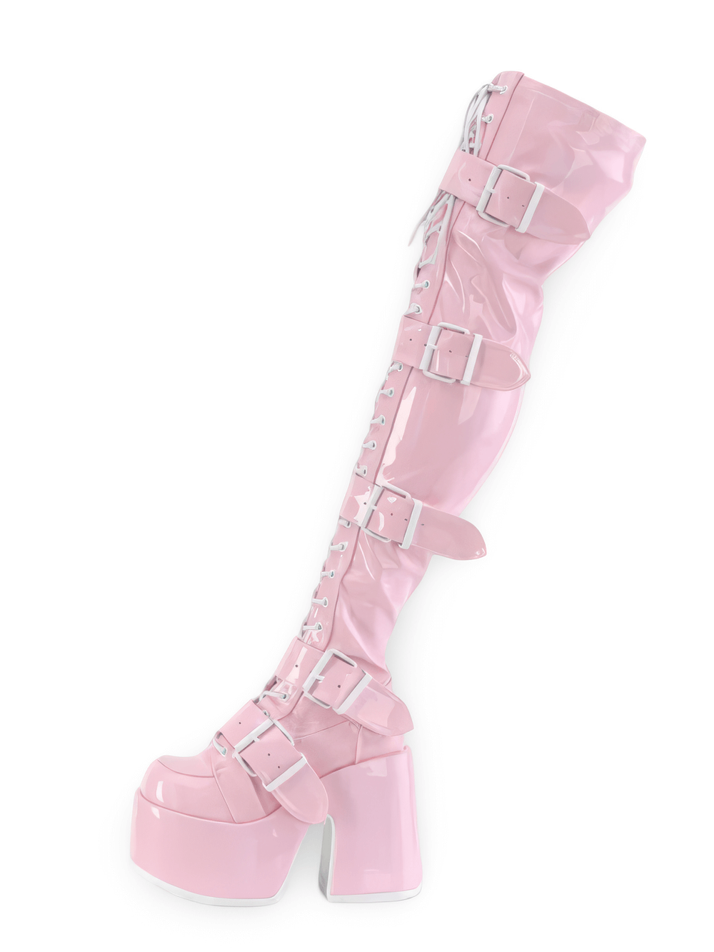 Dazzling pink hologram thigh-high platform boots with chunky heel and stylish buckle straps.