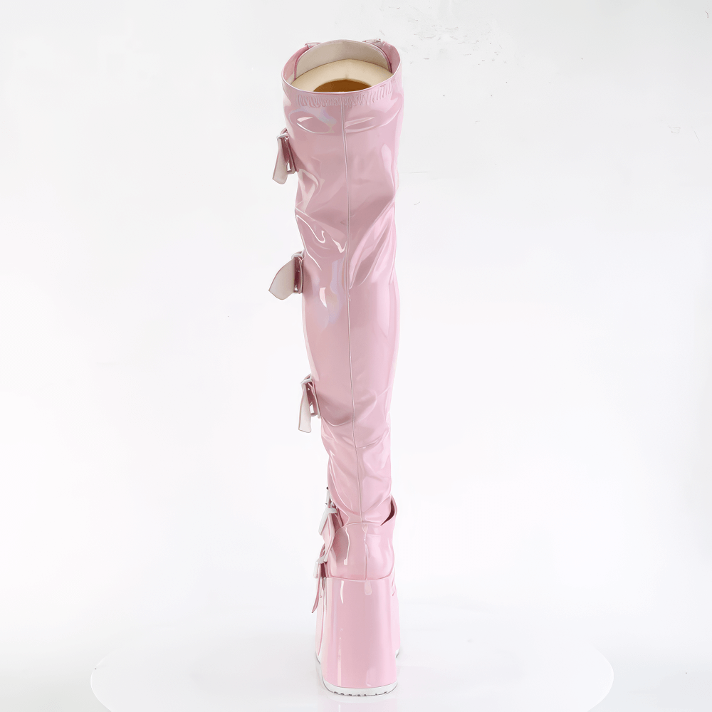 Pink hologram thigh-high platform boots with buckle straps and a shiny finish.