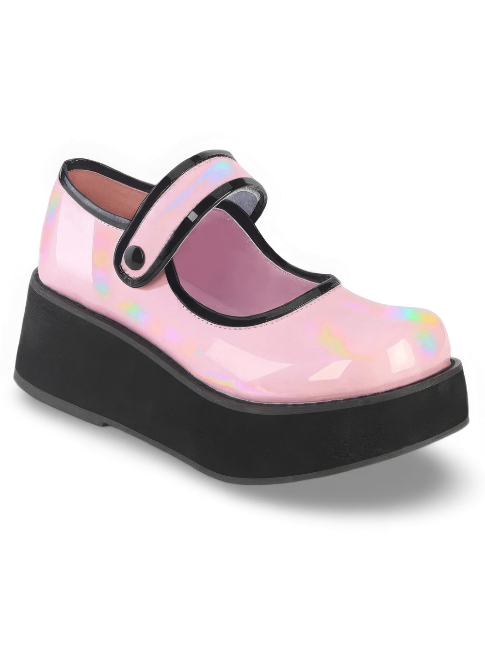 Pink holographic Mary Jane platform shoes with black contrast piping and whimsical button.