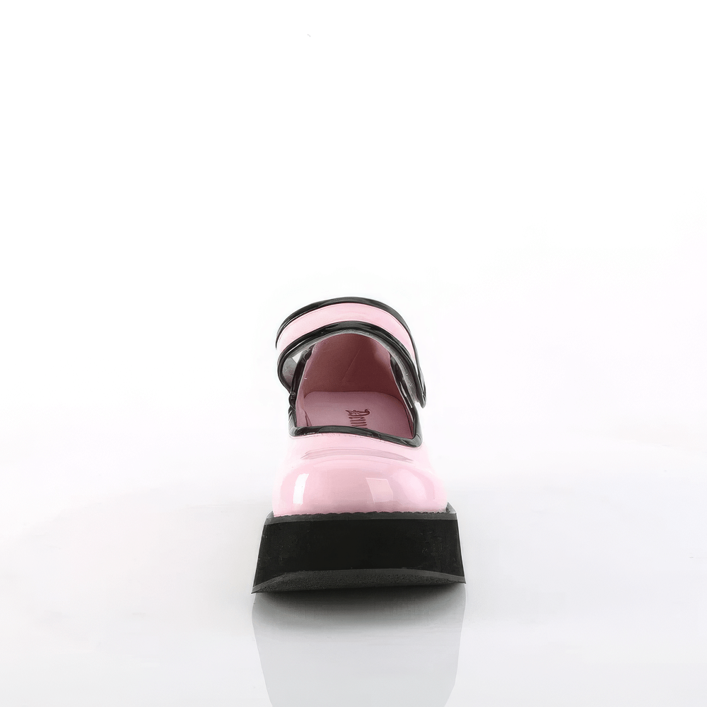 Front view of Demonia pink holographic Mary Jane platform shoes with black contrast piping.