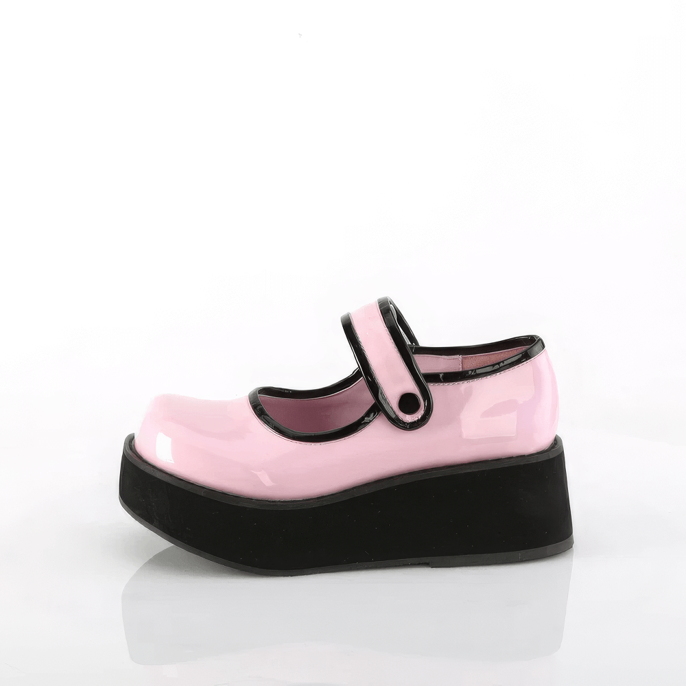 Pink holographic Mary Jane platform shoes with black contrast piping and a 2 1/4" platform, perfect for a magical look.
