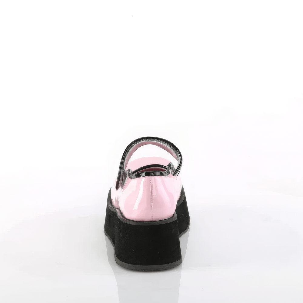 Back view of Demonia pink holographic Mary Jane platform shoes with contrast piping and a chunky sole.