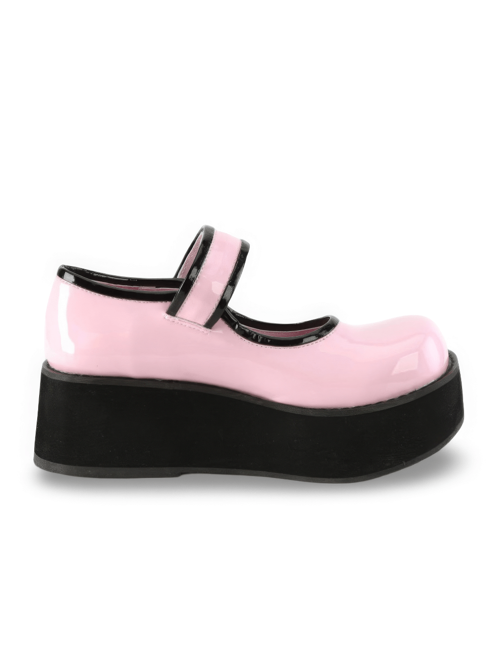 Demonia pink holographic Mary Jane platform shoes with contrast piping, featuring a stylish 2 1/4" platform.