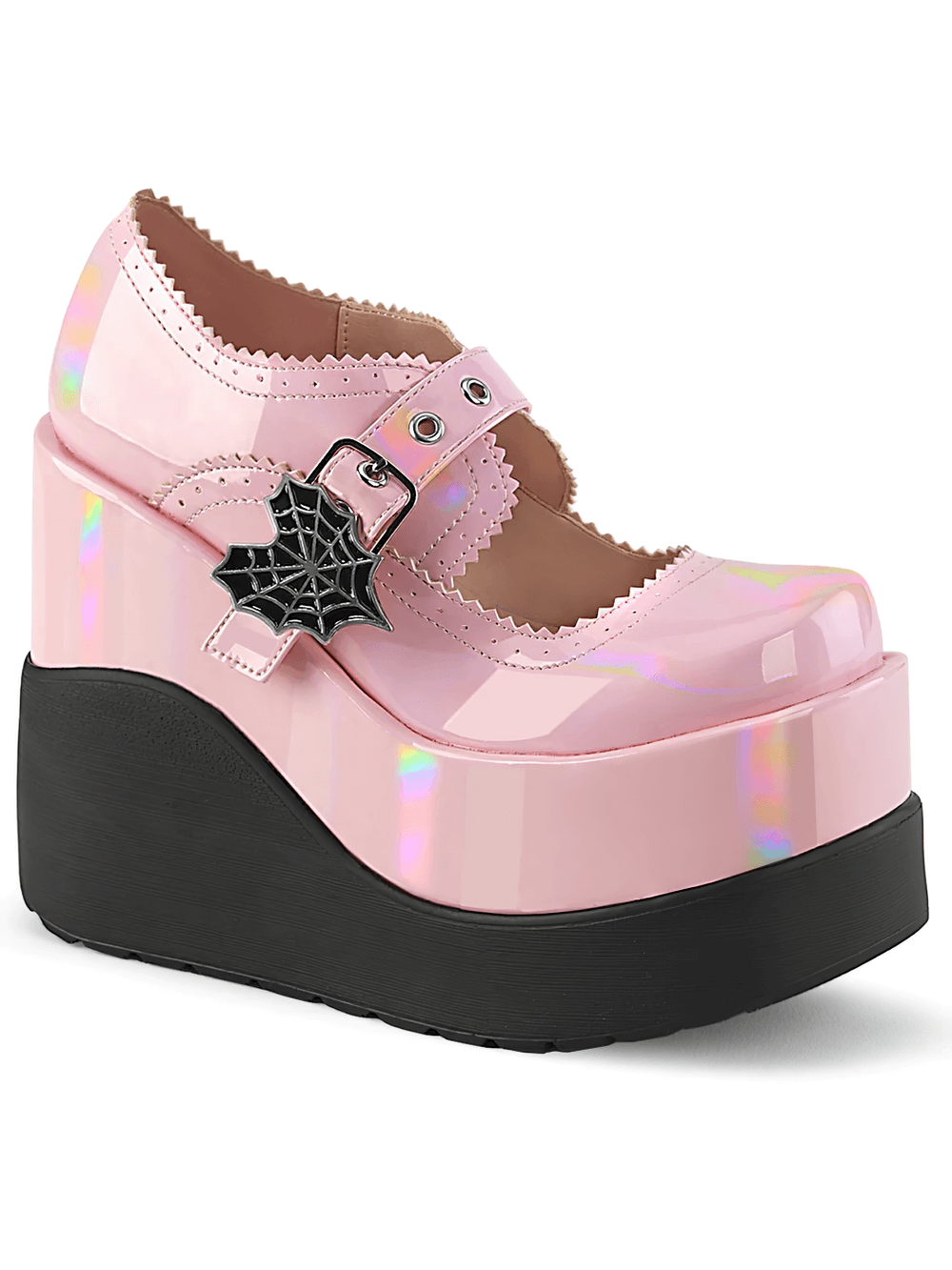 Demonia pink holographic spider buckle platform Mary Jane shoes with 5-inch wedge and gothic charm.