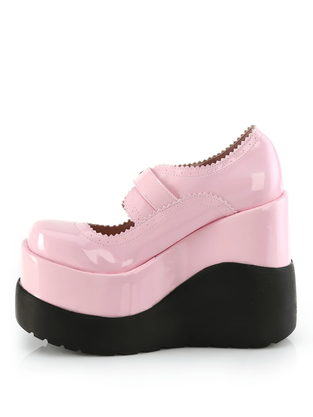 Gothic pink holographic wedge Mary Janes with spider buckle and black platform heel for playful elegance.