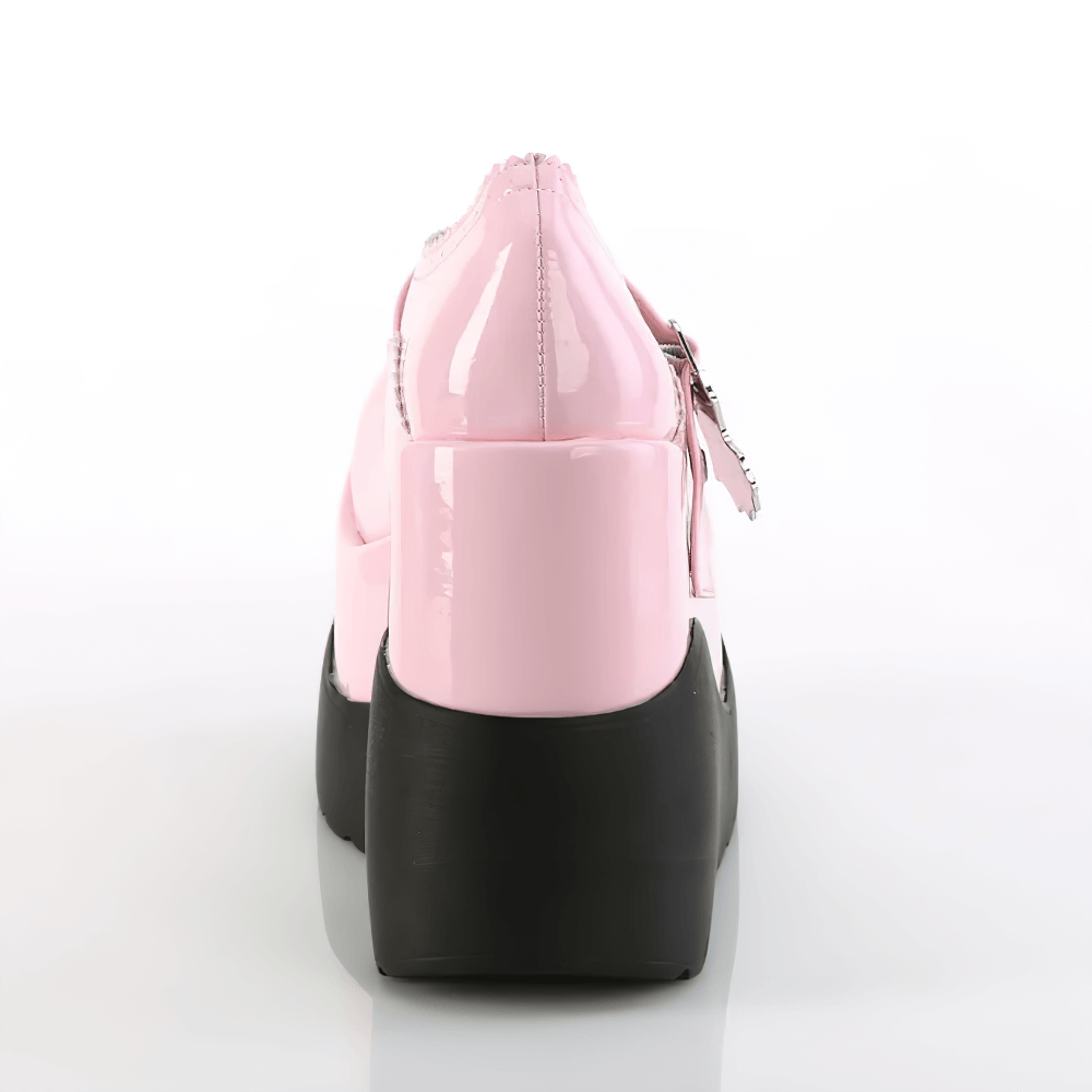 Back view of Demonia Pink Holographic Spider Buckle Platform Shoes featuring a glossy pink finish and a bold black wedge.