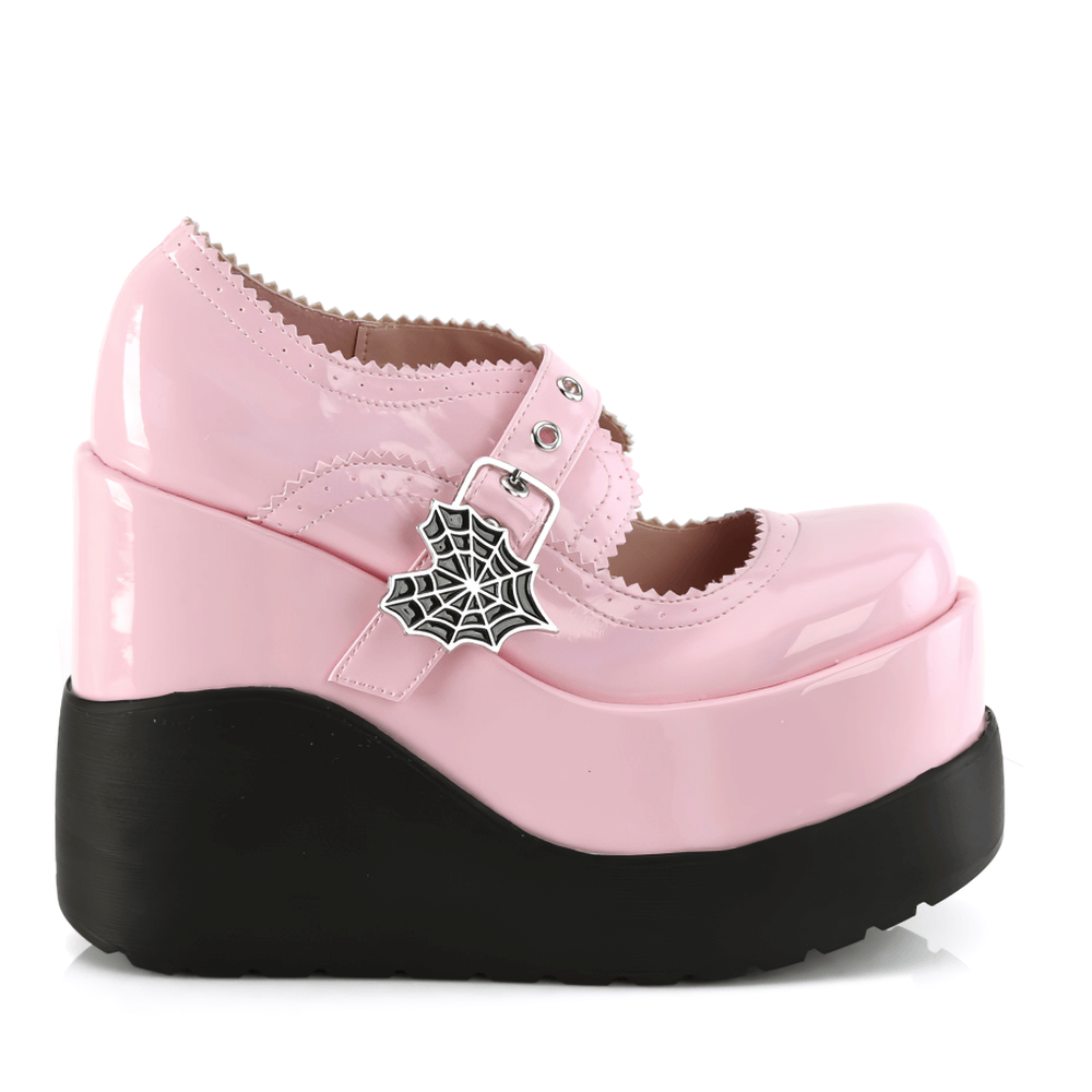 Demonia pink holographic spider buckle platform shoes, gothic Mary Janes with 5-inch wedge heel.