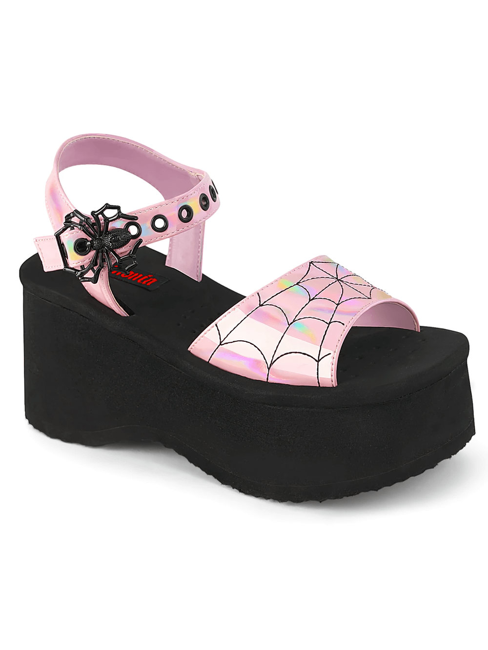 DEMONIA Pink Holographic Spider Web Black Platform Sandals