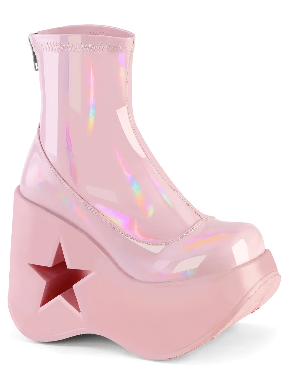 Demonia pink holographic ankle boots with star cutout platform for stylish elevation and eye-catching allure.