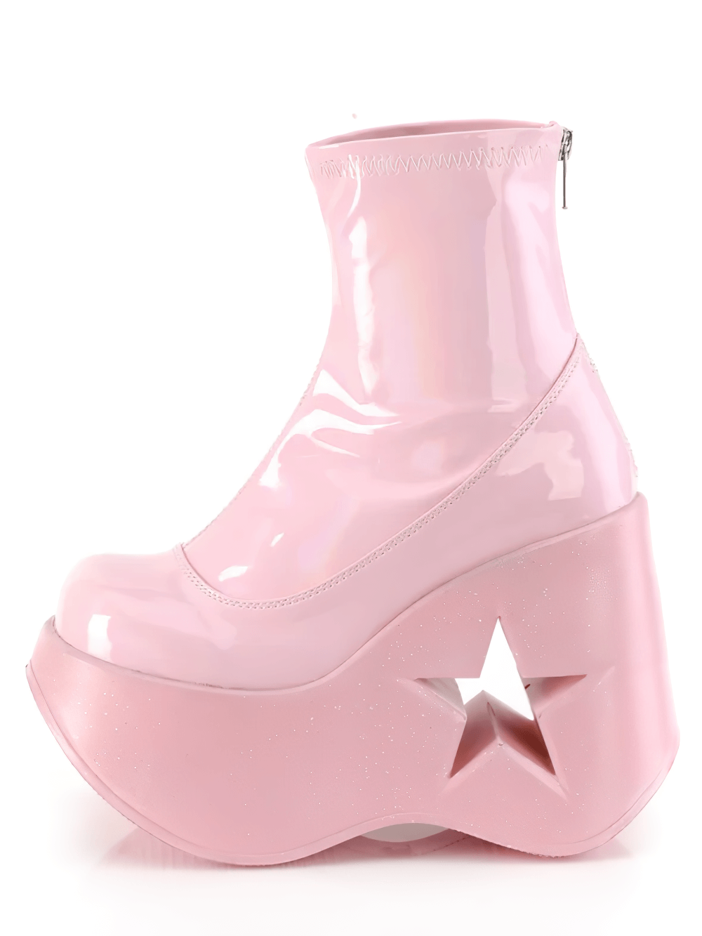 Demonia pink holographic ankle boots with star cutout platform, featuring a 5-inch wedge and sleek back zipper.