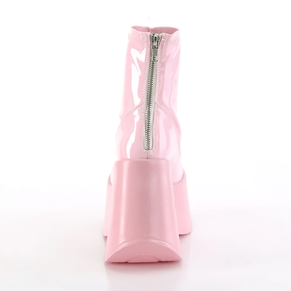 Back view of DEMONIA pink holographic star cutout platform ankle boots with metal zip closure.