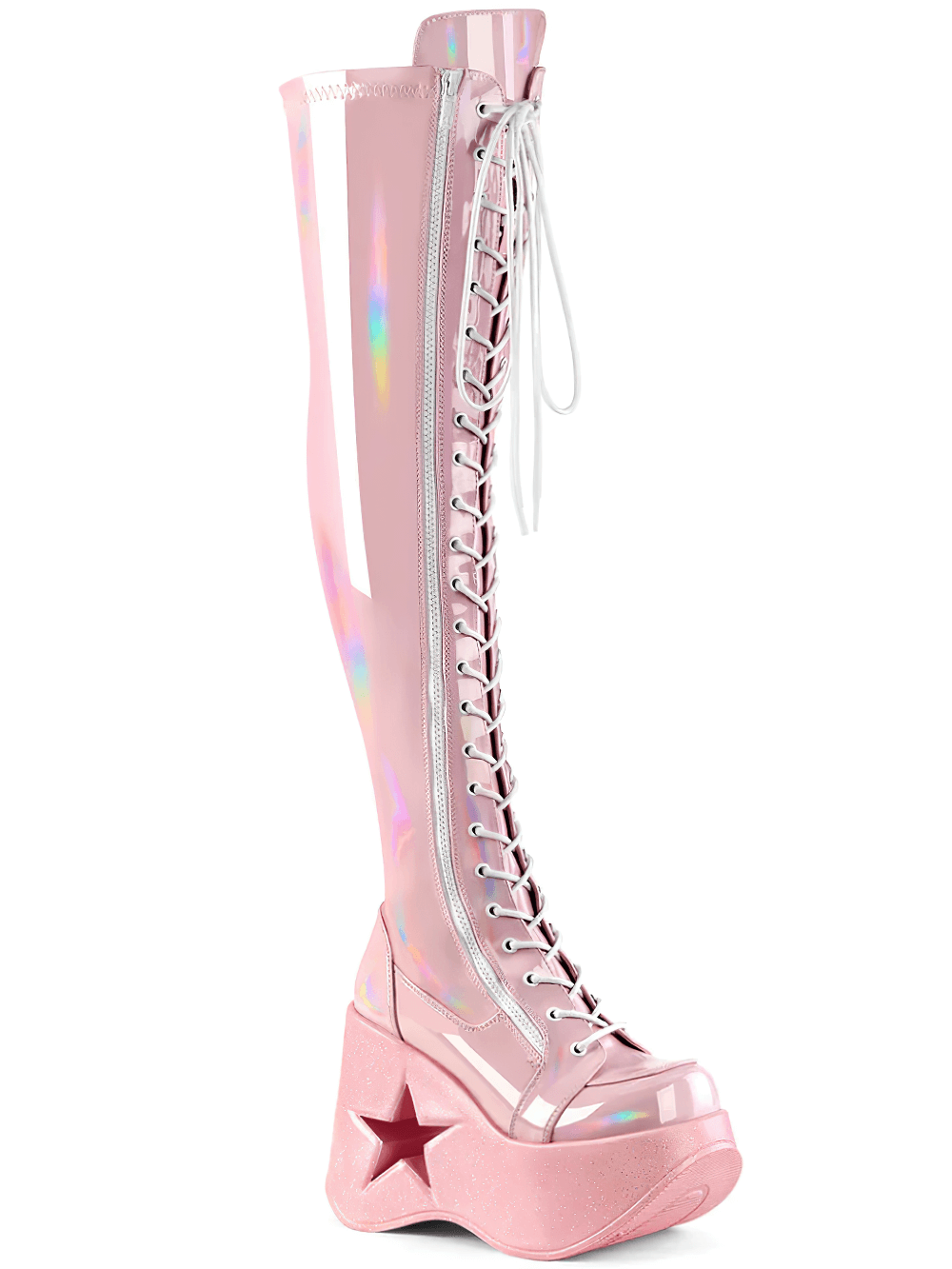 Demonia pink holographic thigh-high boots with star platform, perfect for bold fashionistas and clubbing style.