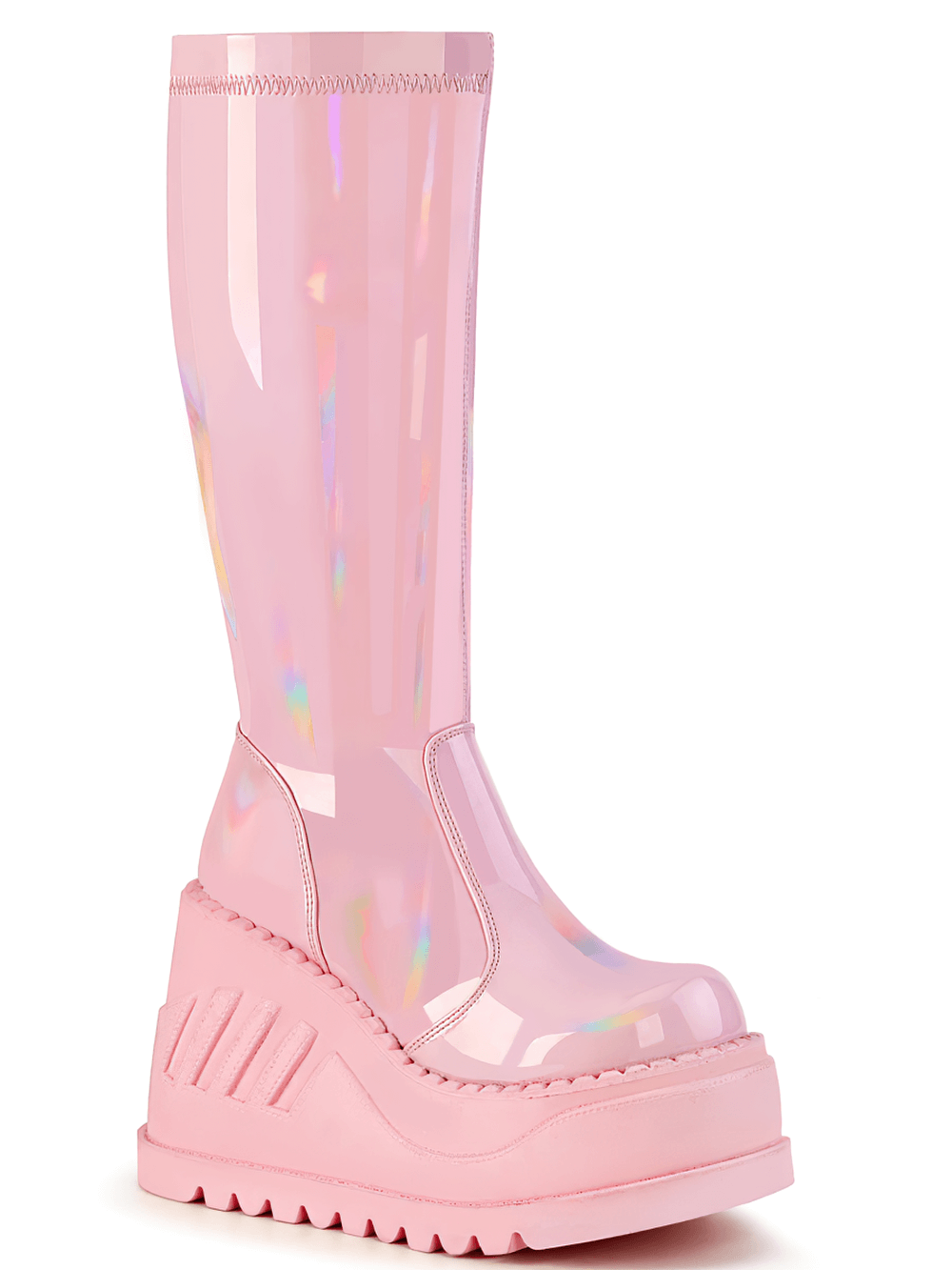 Bold pink knee-high wedge boots with a shiny finish, featuring a chunky platform and stylish design for a trendy look.