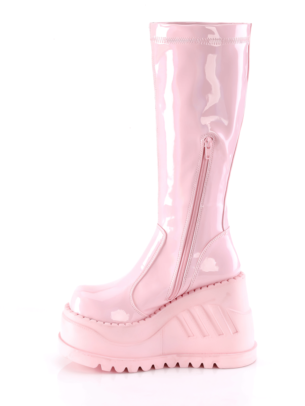 Bold pink knee-high wedge boots with metal zip and stretch shaft for stylish, edgy fashion.