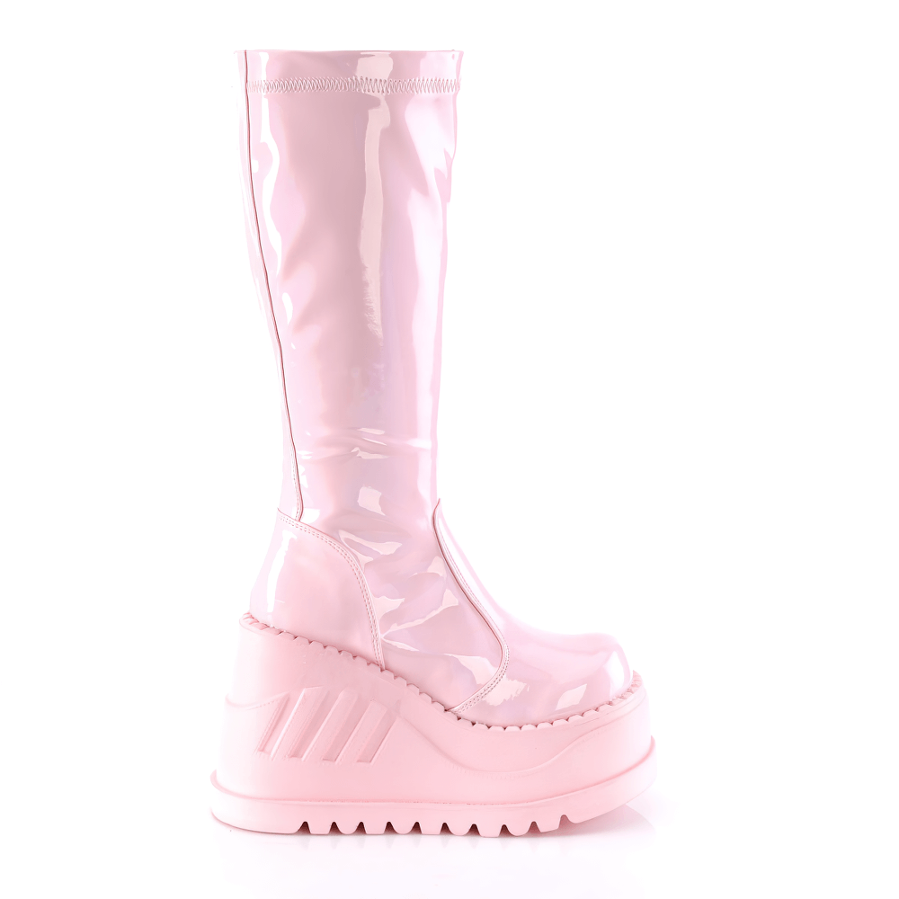 Demonia pink knee-high wedge boots with stretch shaft and metal zip for bold style statement.