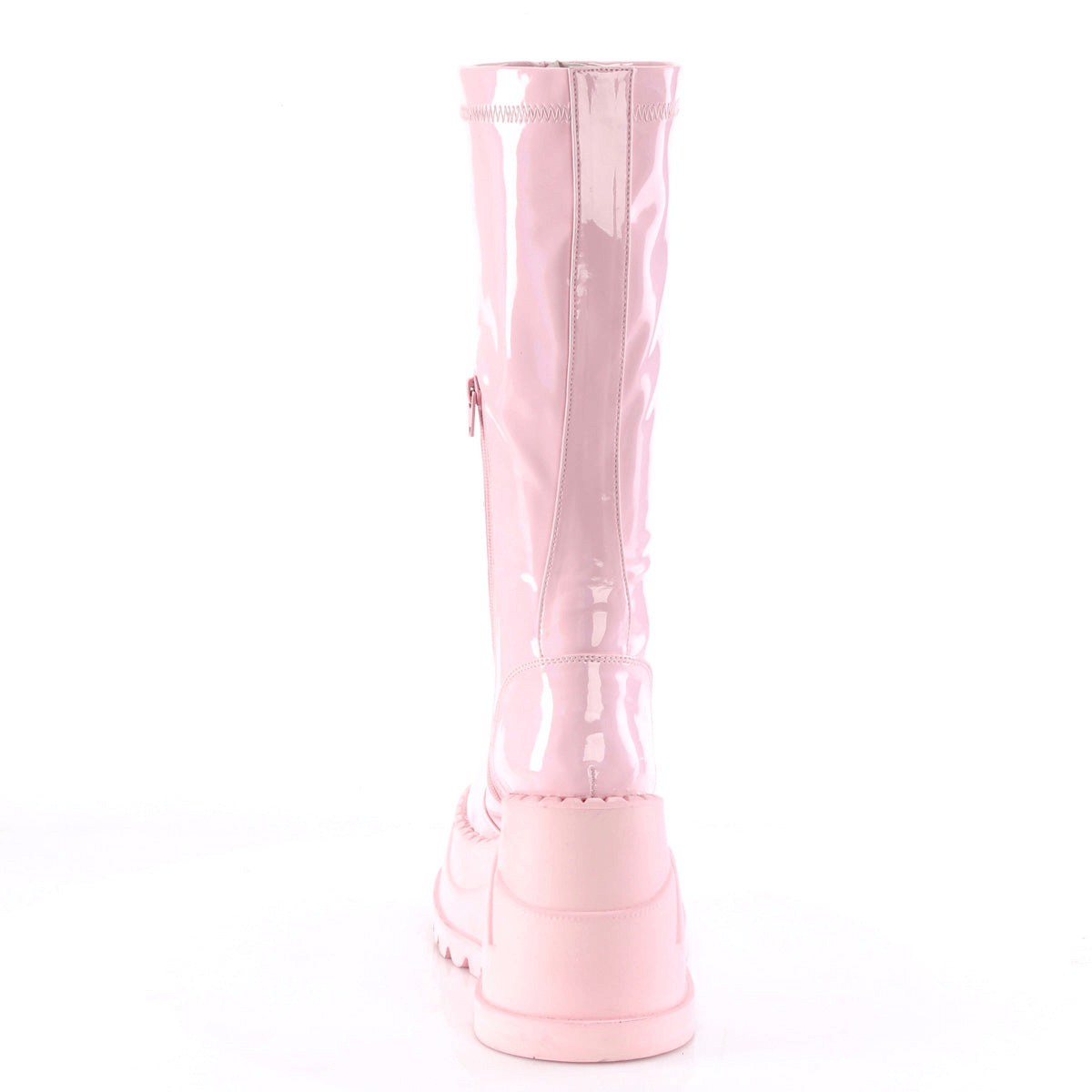 Bold pink knee-high wedge boots with a stretch shaft and back zip for easy wear.