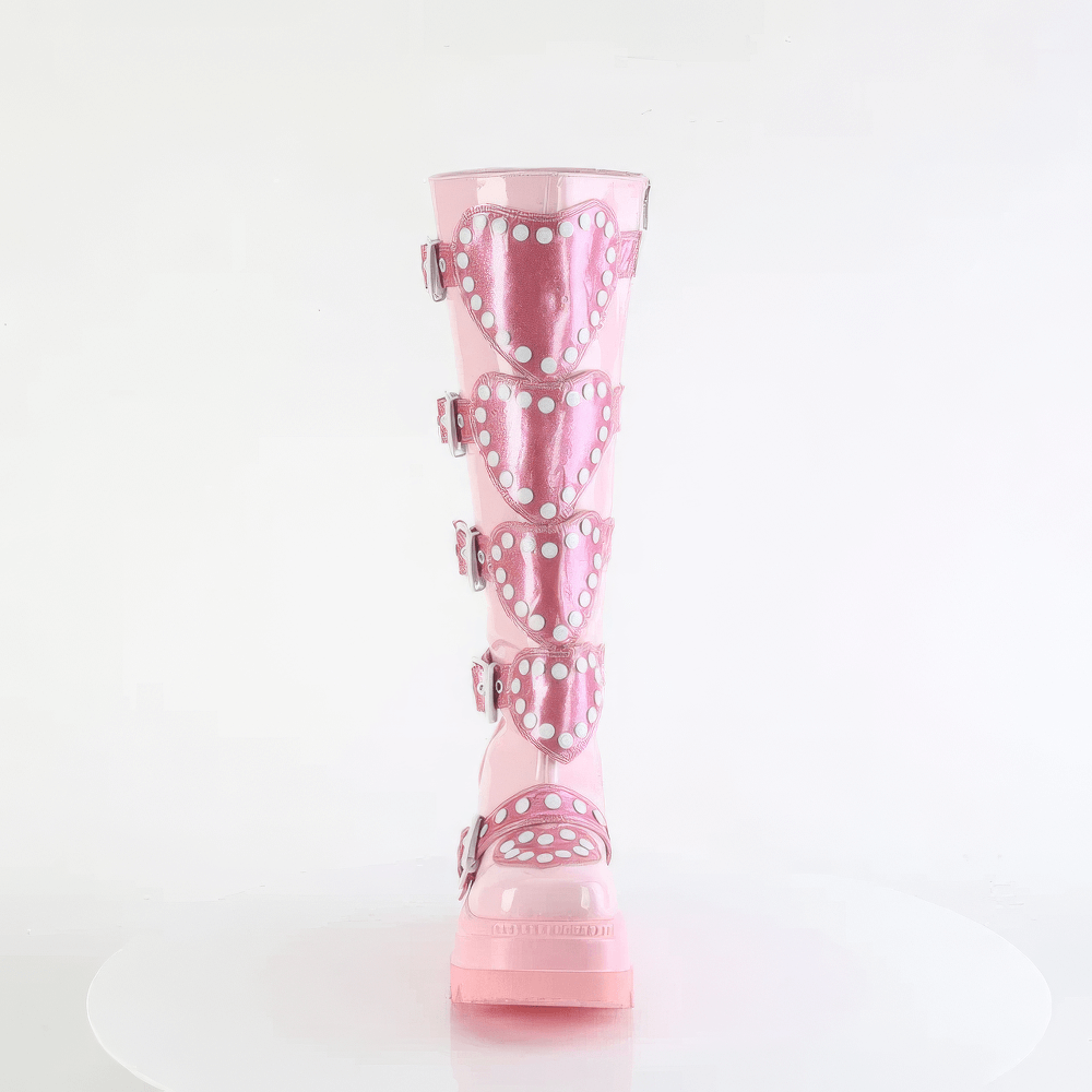 DEMONIA Pink Knee-High Platform Boots with Heart Shields