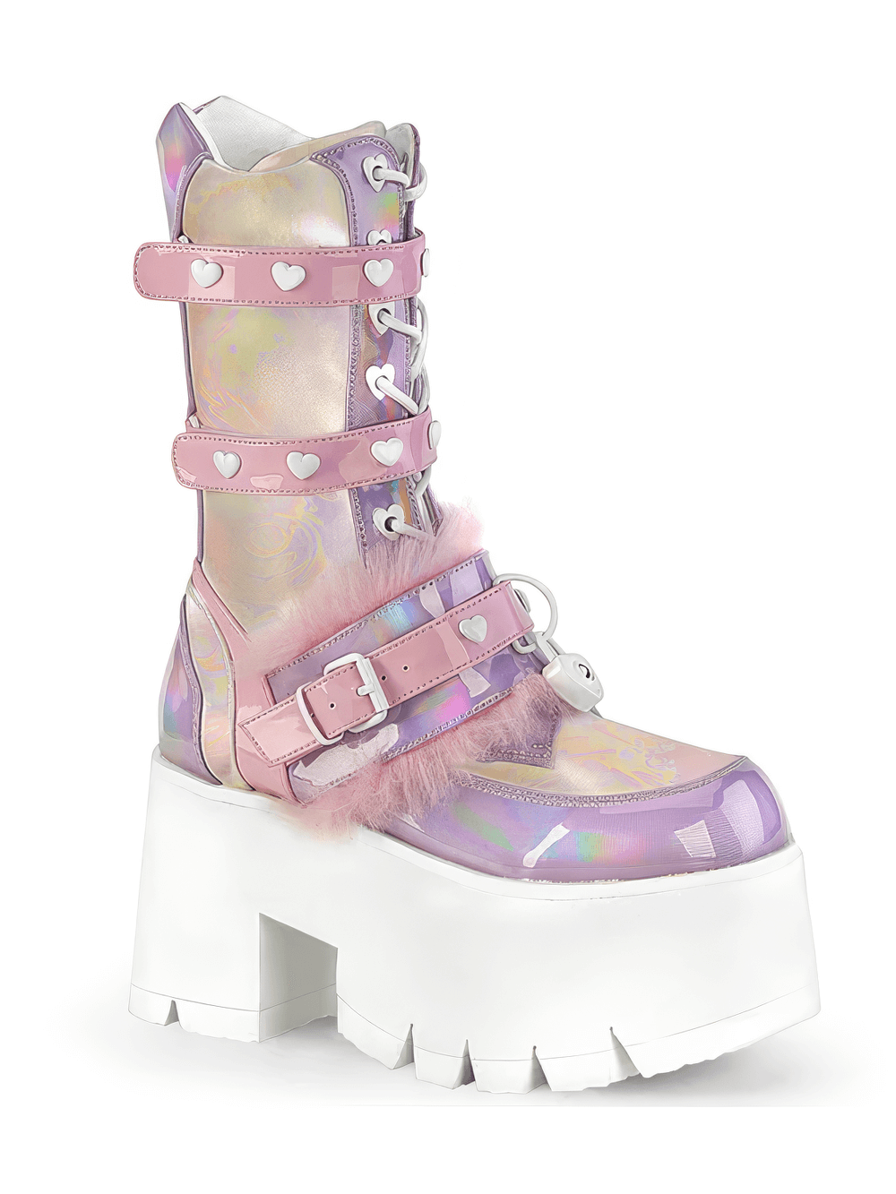 Demonia pink-lavender holographic platform boot with heart details and chunky heel, perfect for Pastel Goth style.