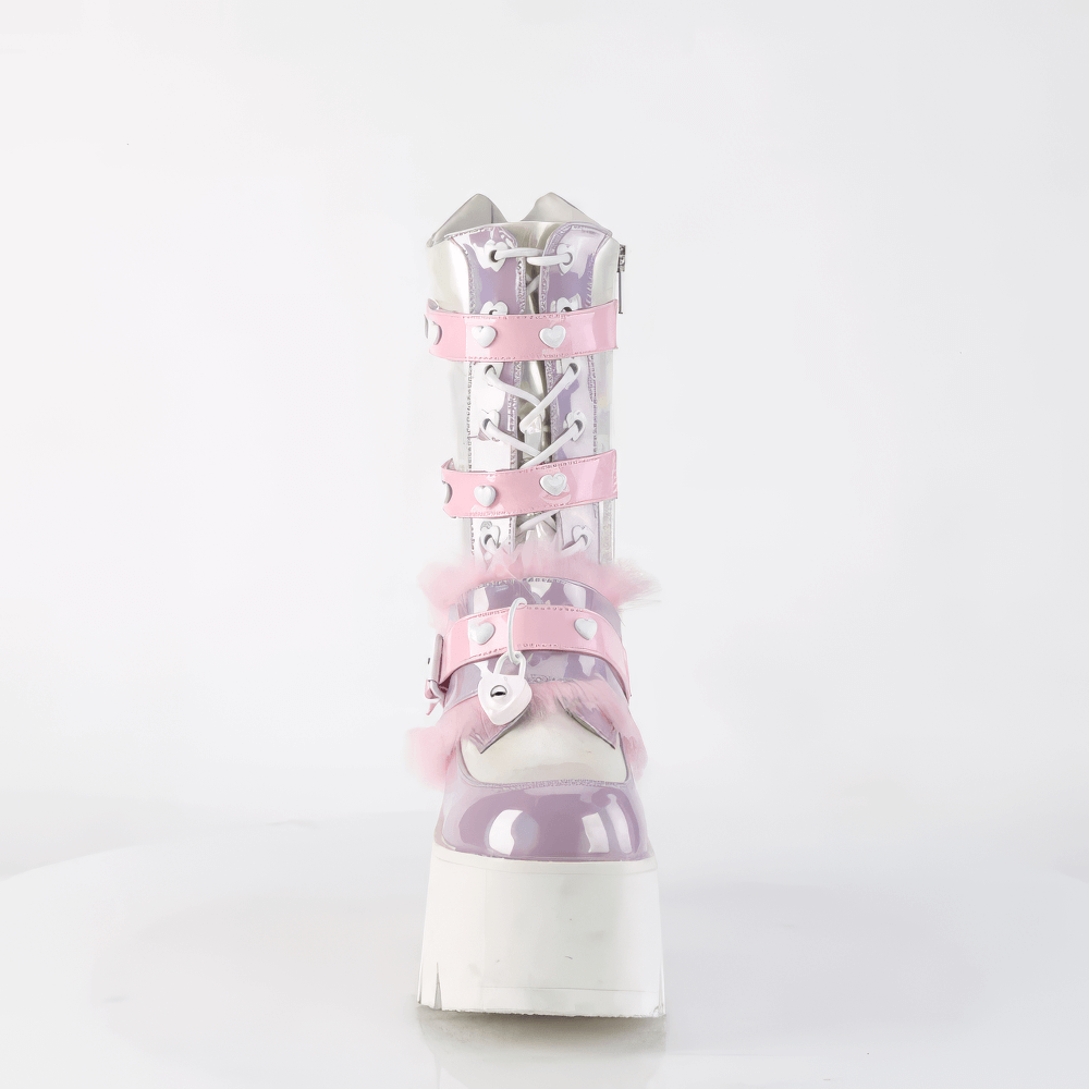 Demonia pink-lavender holographic platform boots with heart detail mid-calf design and chunky heel.