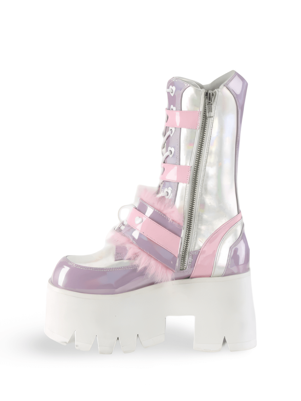 Demonia pink-lavender holographic platform boots with heart details and fur-lined straps, standing stylishly.