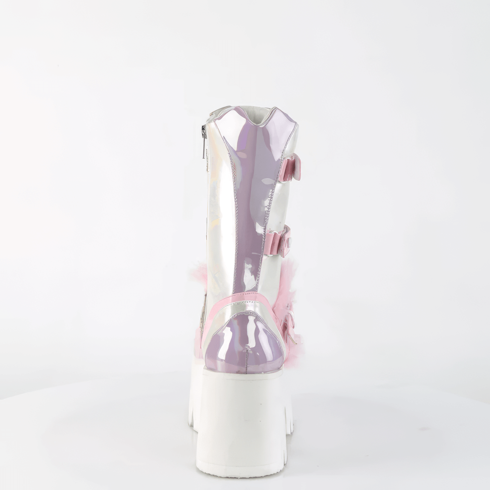 Back view of DEMONIA Pink-Lavender holographic platform boots with heart straps and fur lining.