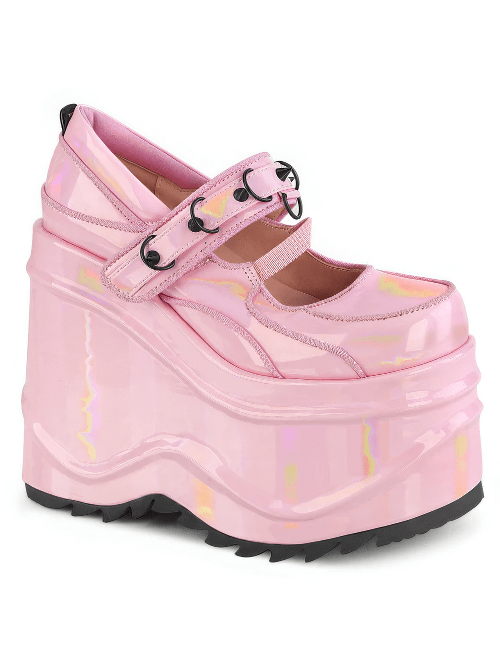 Playful pink platform Mary Jane shoes with cone spikes and D-ring accents in iridescent vegan leather.