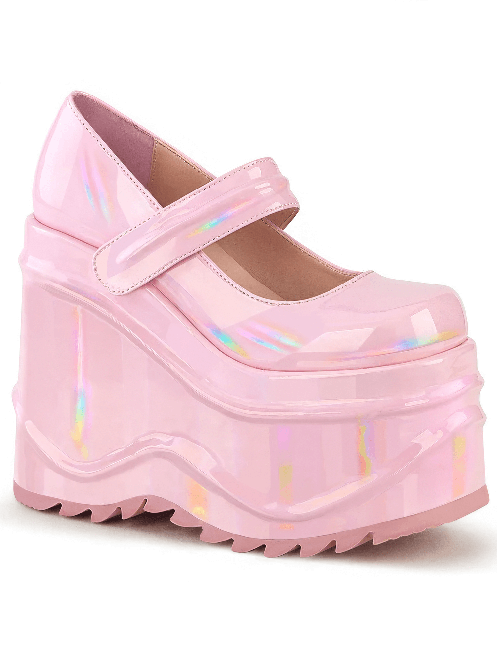 Demonia pink platform Mary Jane shoes with hook and loop strap, featuring a glossy finish and 6-inch height.