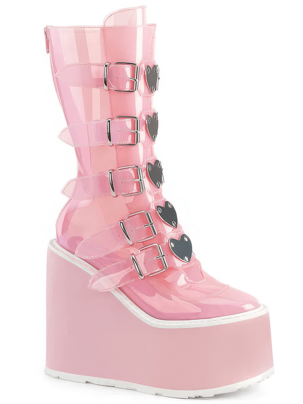 Pink mid-calf platform boots with heart buckles, featuring shiny TPU material and a bold 5.5 inch platform.