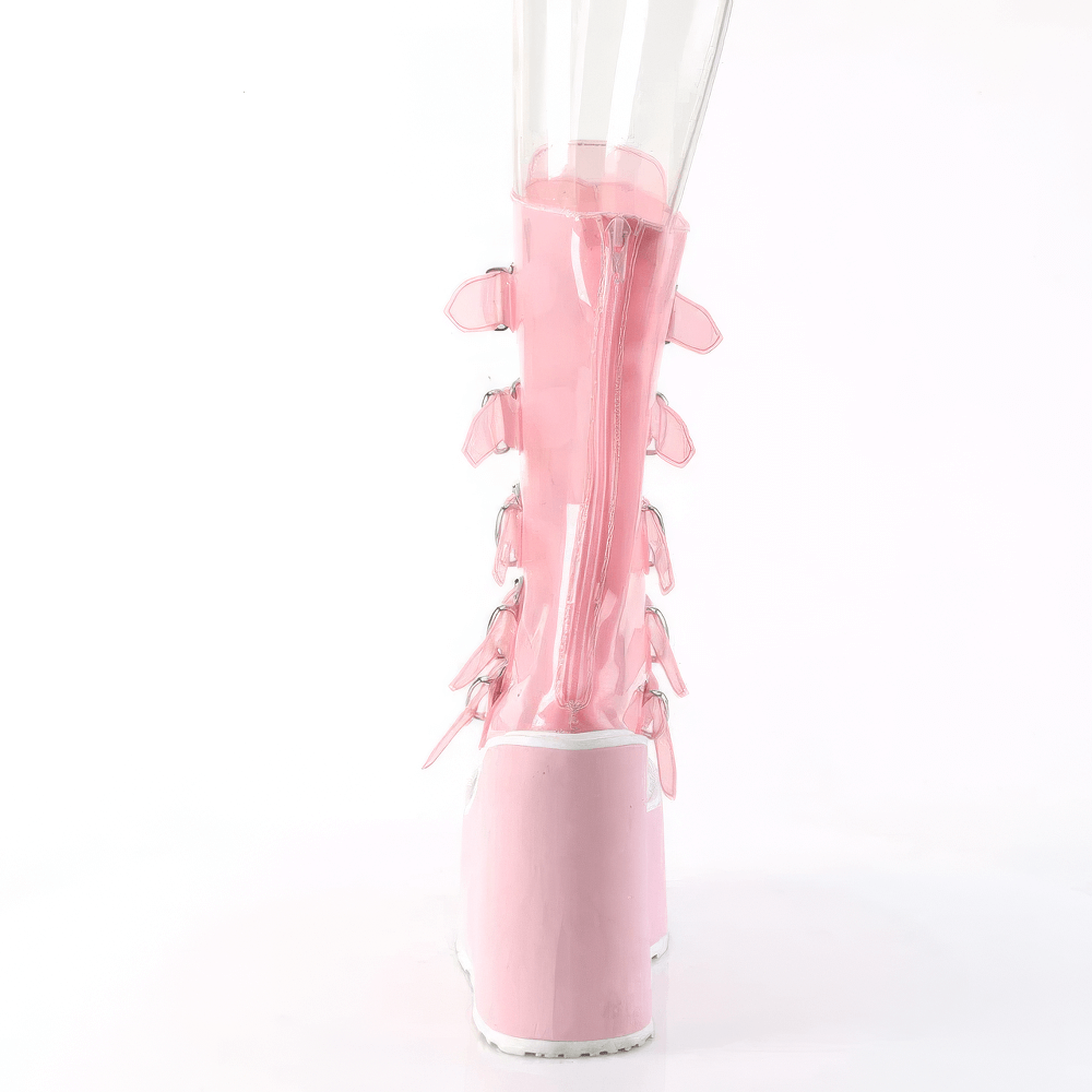 Back view of whimsical pink mid-calf platform boots with heart buckles and stylish clear accents.