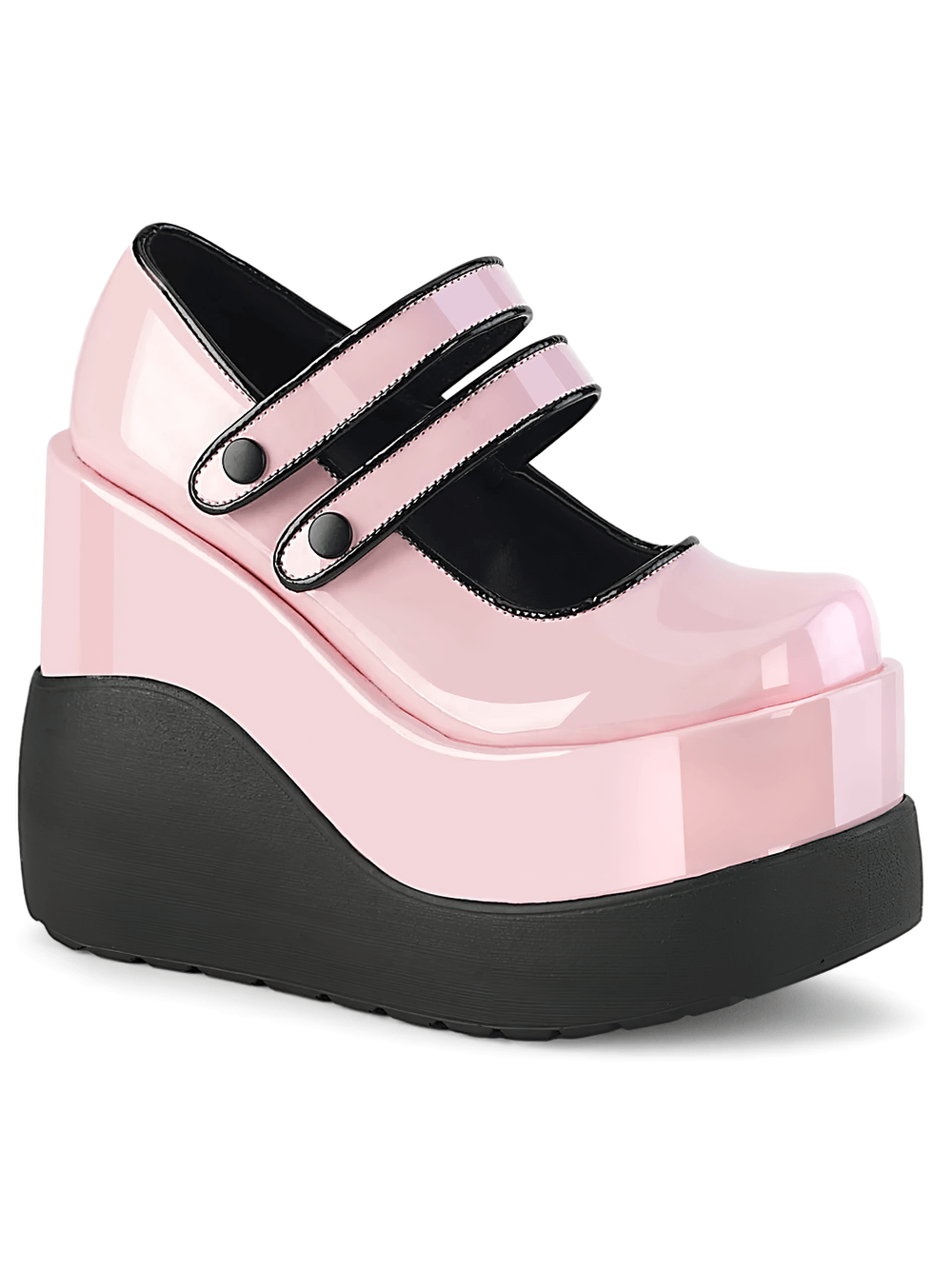Demonia pink patent Mary Jane shoes with dual straps and 5-inch wedge platform, perfect for a playful, stylish look.