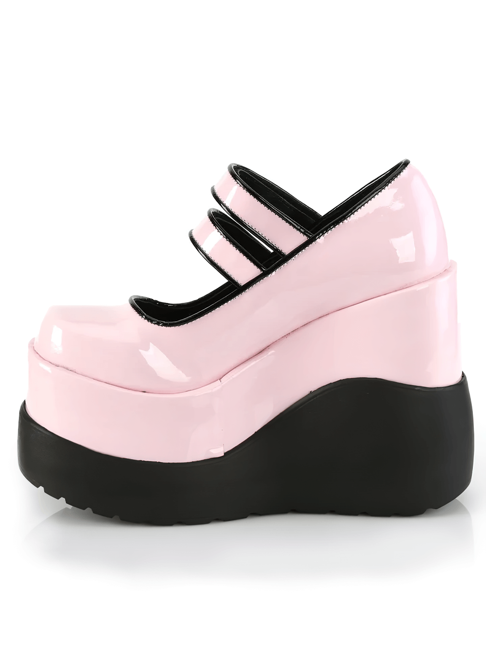 Demonia pink patent Mary Jane shoes with dual straps and a stylish wedge platform.