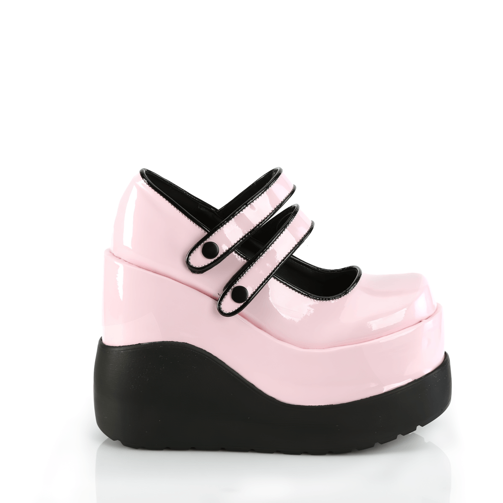 Demonia pink patent Mary Jane shoes with dual straps and a 5-inch wedge platform, perfect for a playful look.