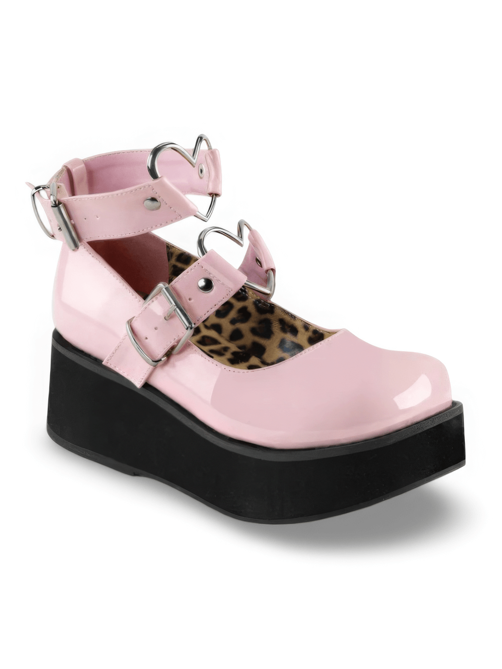 Charming pink platform Mary Jane shoes with heart O-rings and leopard print lining, perfect for stylish outings.