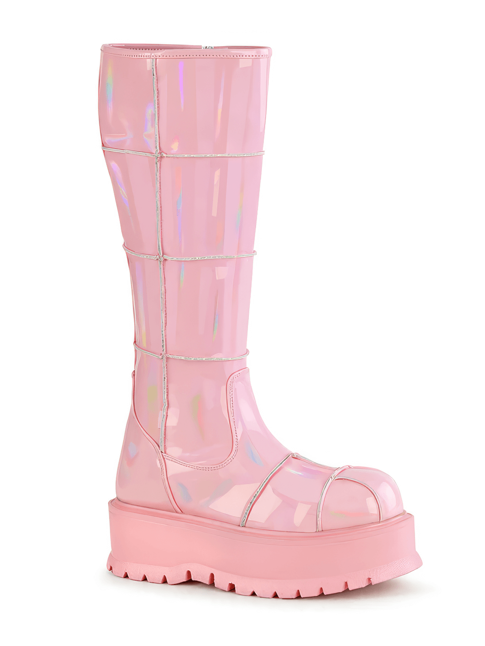 Stylish Demonia pink hologram knee-high platform boots with zip and distinctive patching details.