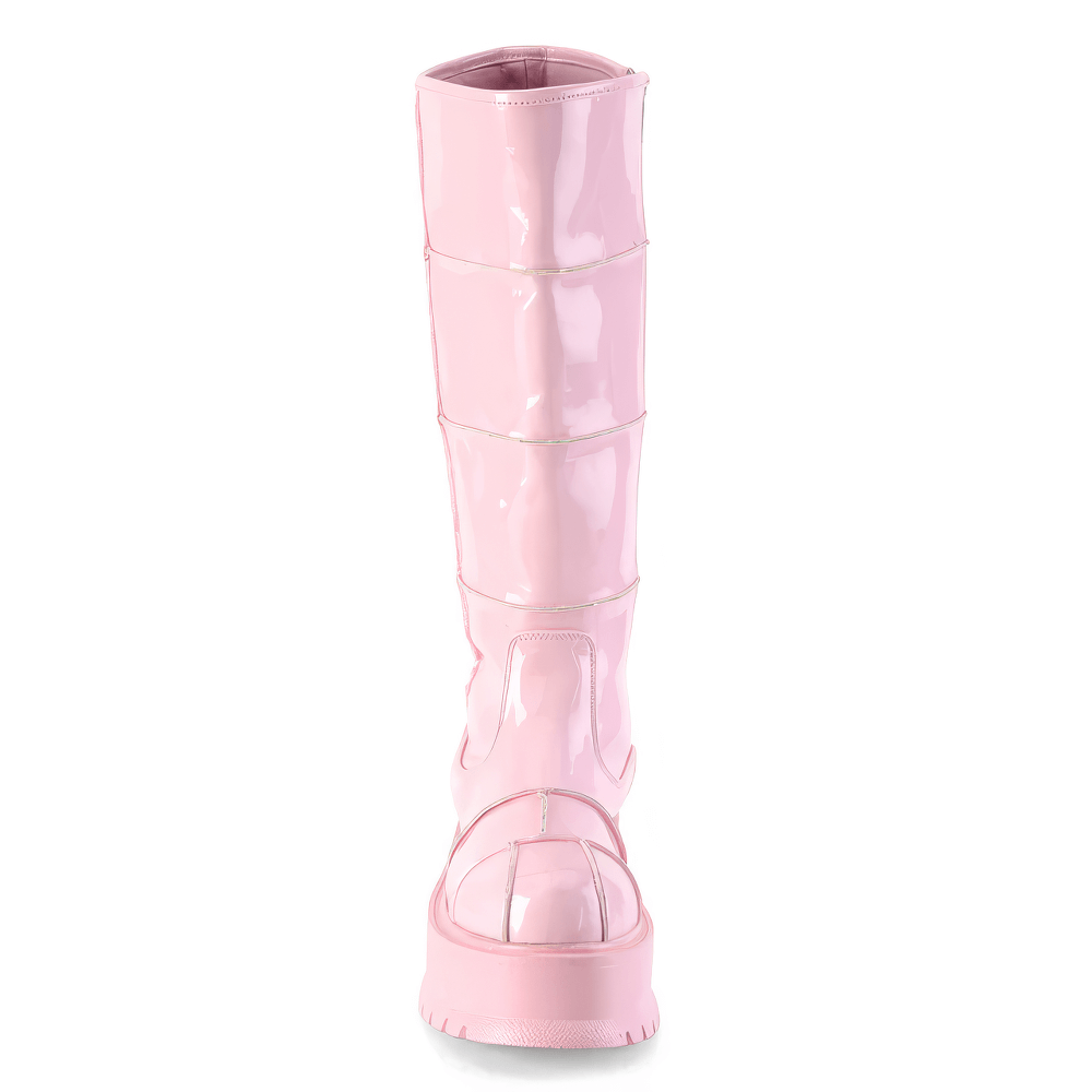 Demonia pink hologram patent knee-high platform boots with zip, showcasing glossy shine and stylish design.