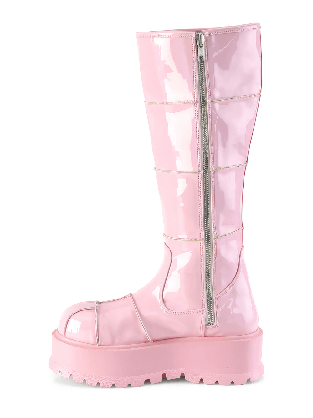 Demonia pink platform knee-high boots with zip in hologram patent leather, featuring a chunky 2-inch platform.