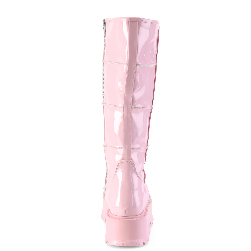 Pink hologram patent leather knee-high platform boots with a full-length zipper, showcasing a modern chic design.