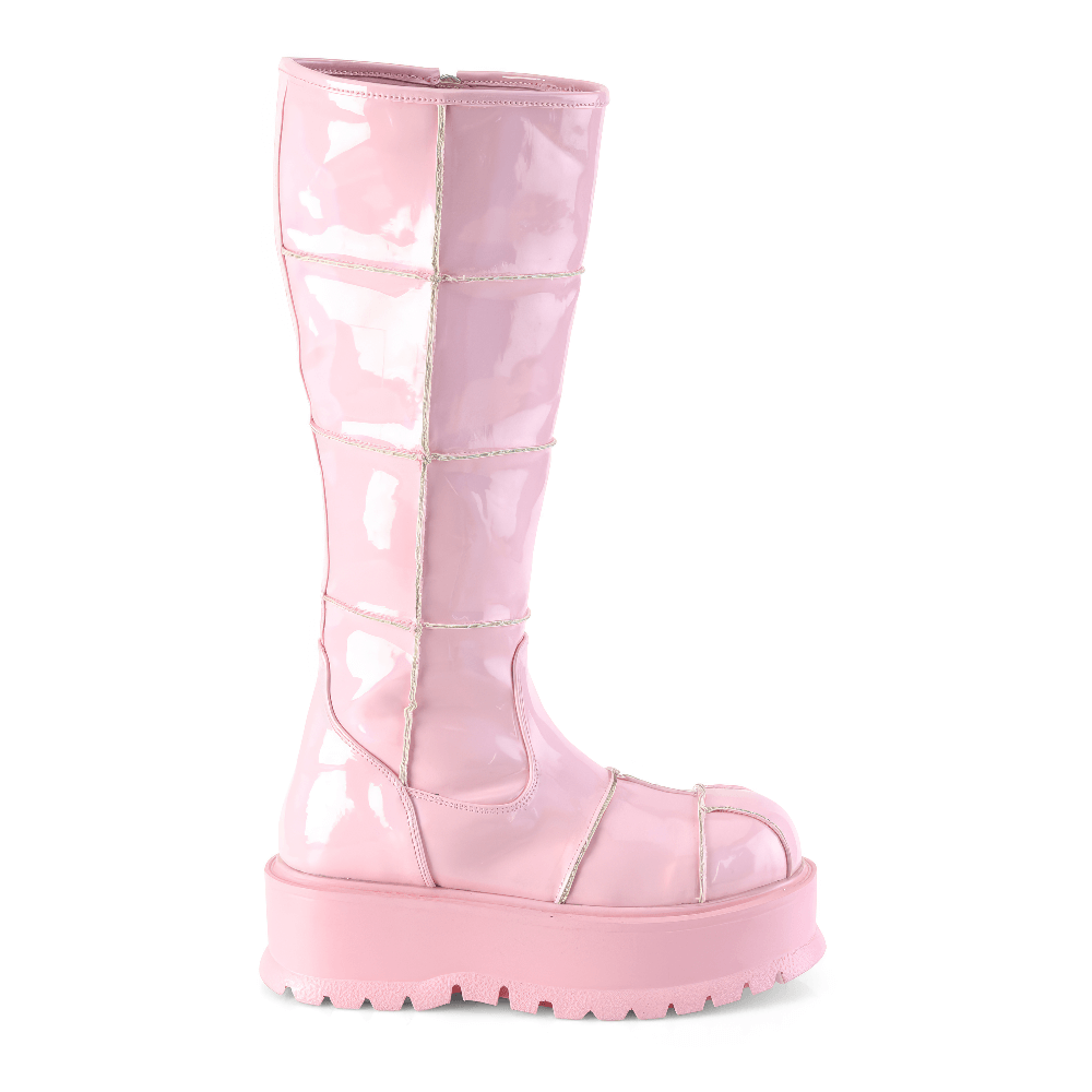 Demonia pink hologram knee-high platform boots with zip, featuring unique patch details and an eye-catching style.