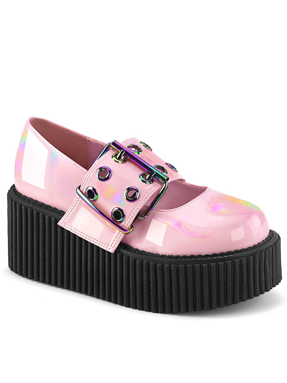 Demonia pink platform Mary Jane shoes with rainbow buckle and chunky sole, stylish and edgy creeper design.