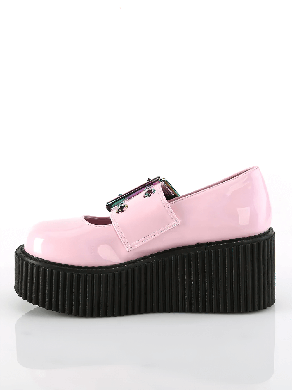 Demonia pink platform Mary Jane shoes with rainbow buckle and chunky sole, perfect for edgy, stylish looks.